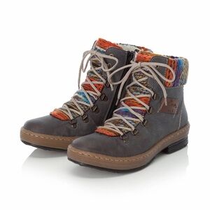 Rieker Gray Ankle Boots with Multicolor Knit Collar and Laces MSRP $130